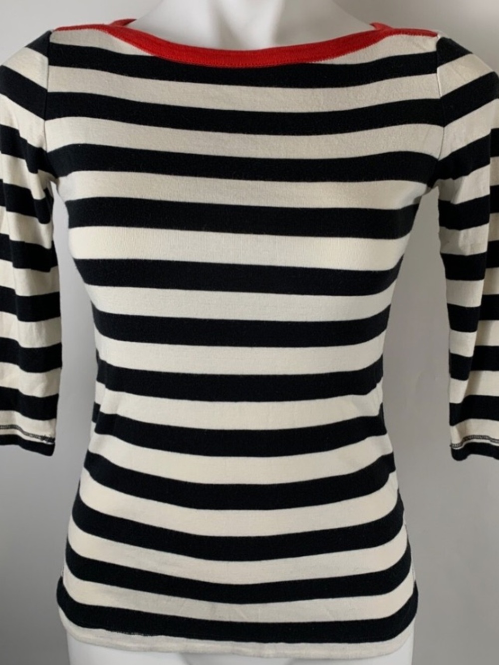 GAP The Bowery Boatneck Super Soft Top Shirt French Black White Stripes Red Trim